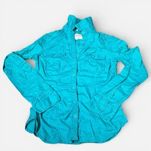 Aeropostale Fitted Teal Blue Long Sleeve Button Down Collared Shirt Women's S - Picture 3 of 13